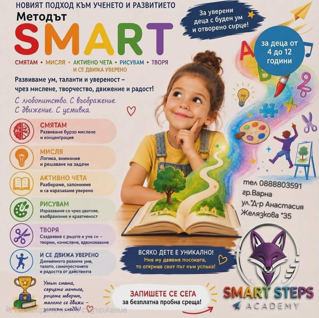 Плакат на метода SMART — смятам, мисля, активно чета, рисувам, творя